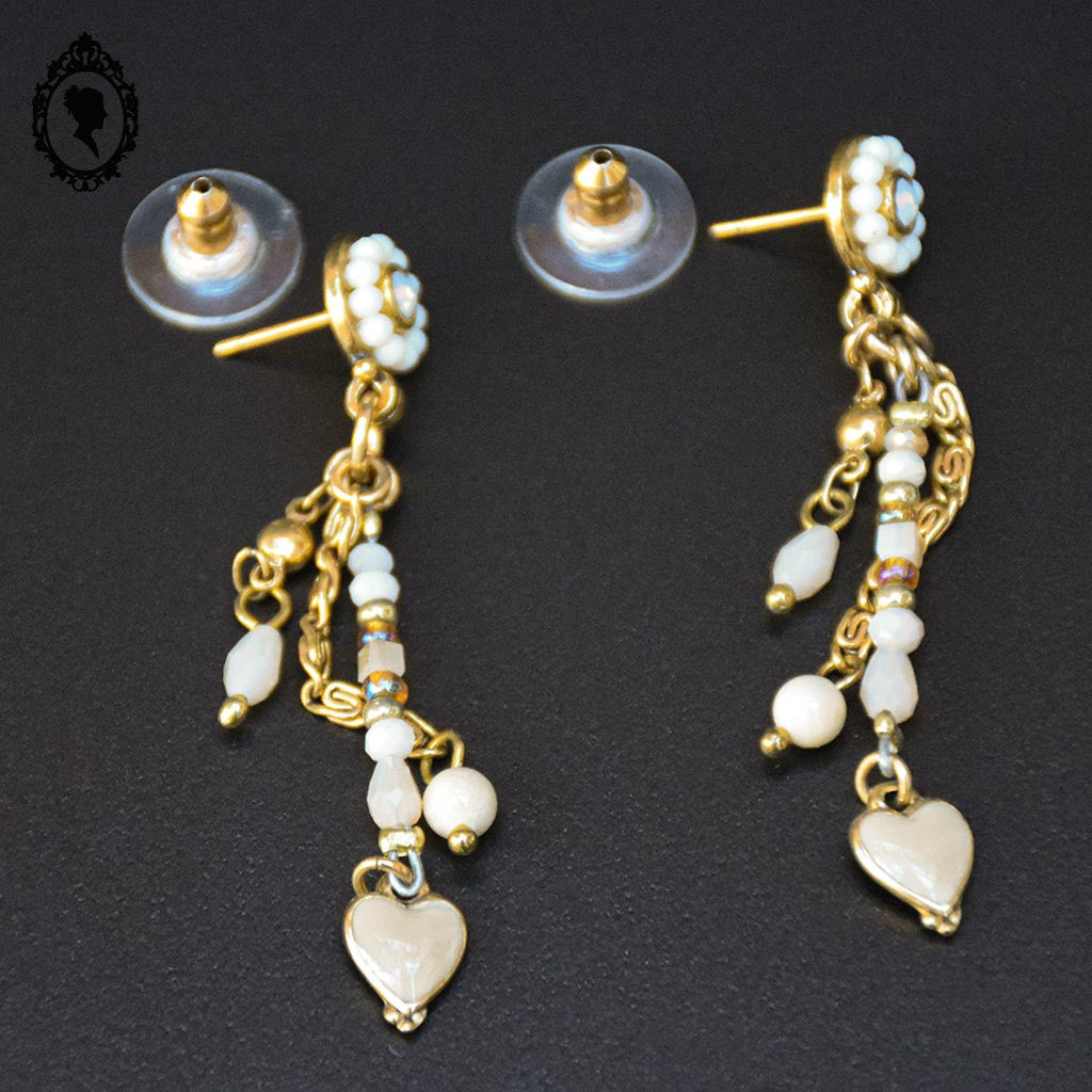 Chic paire de boucles d’oreilles percées pendantes beige doré bijoux Statu Quo