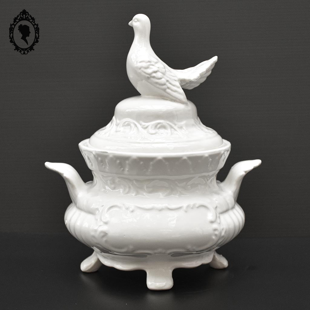 Chic soupière porcelaine blanche oiseau colombe Italie vintage