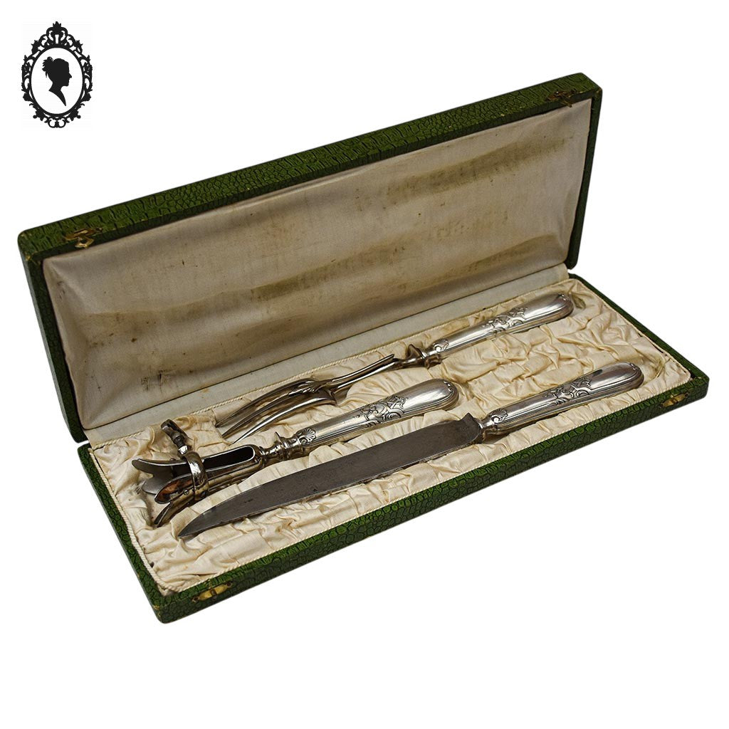 Coffret 3 couverts service complet à découper gigot métal argent décor Louis XV ancien XIX ième
