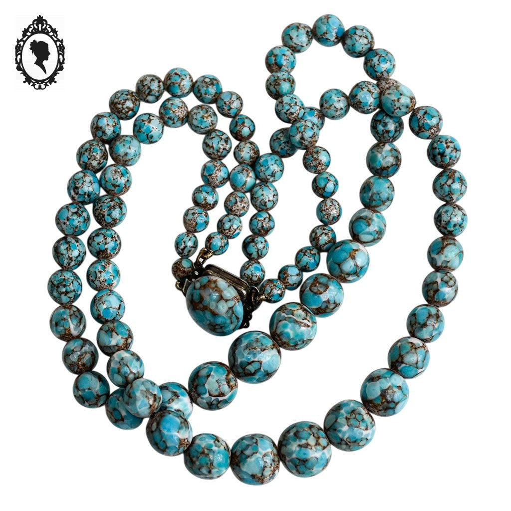 Collier ancien art déco 2 rangs de perles bleu porcelaine émaillée effet marbré