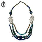 Collier asiatique perles en pierre et émaux cloisonnés bleu vert vintage