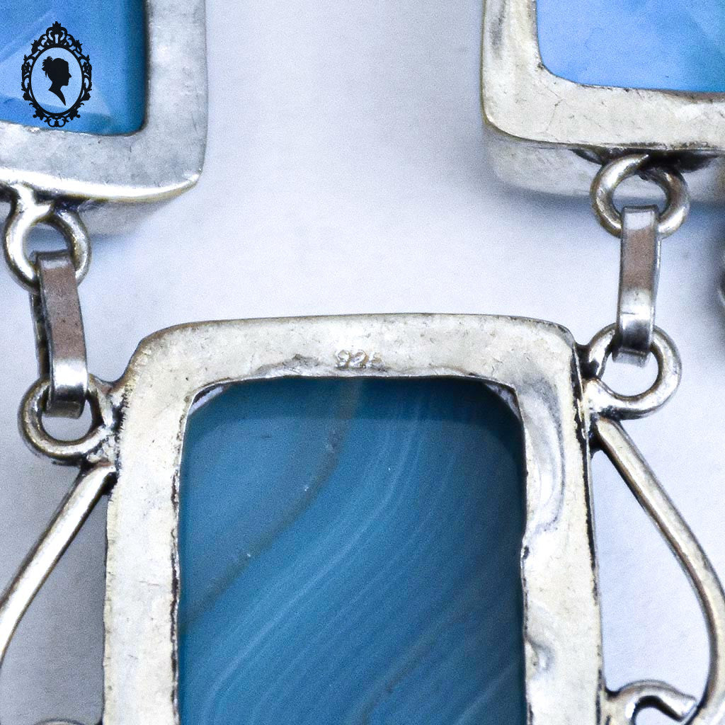 Collier en pierre agathe teintée bleue base argent 925 vintage