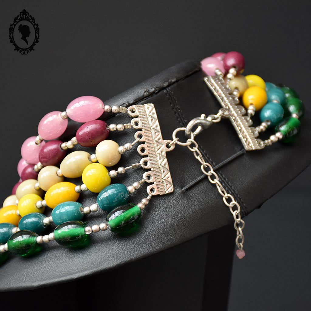 Collier multi couleurs coloré 6 rangs perles en verre fantaisie vintage