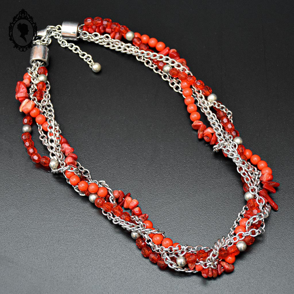 Collier rouge pierre corail 5 rangs fantaisie vintage