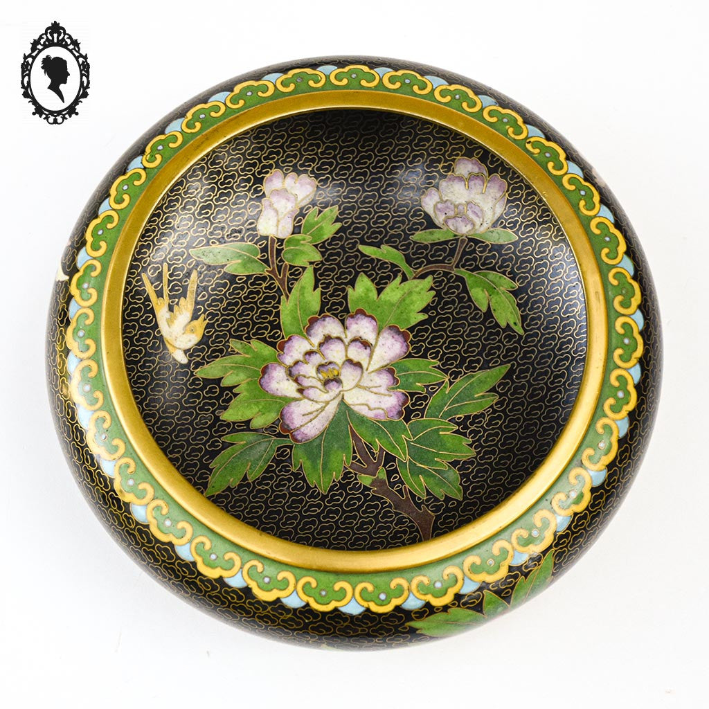 Coupe chinoise en email émaux cloisonnés noir laiton D 18 cm vintage