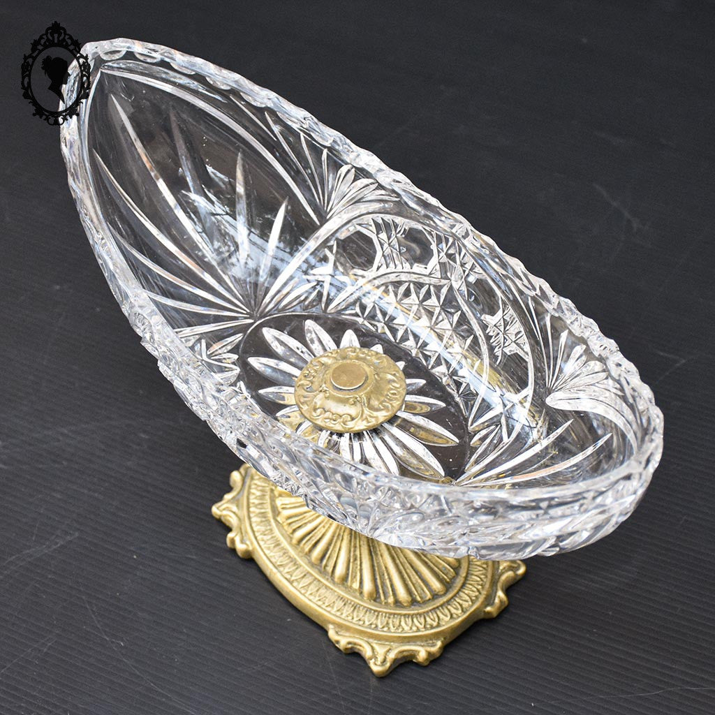 Coupelle sur pied serviteur plat coupe ovale piédouche en cristal et laiton H 15 L 31 cm