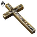 Croix christ crucifix mural en nacre sur bois Jérusalem vintage