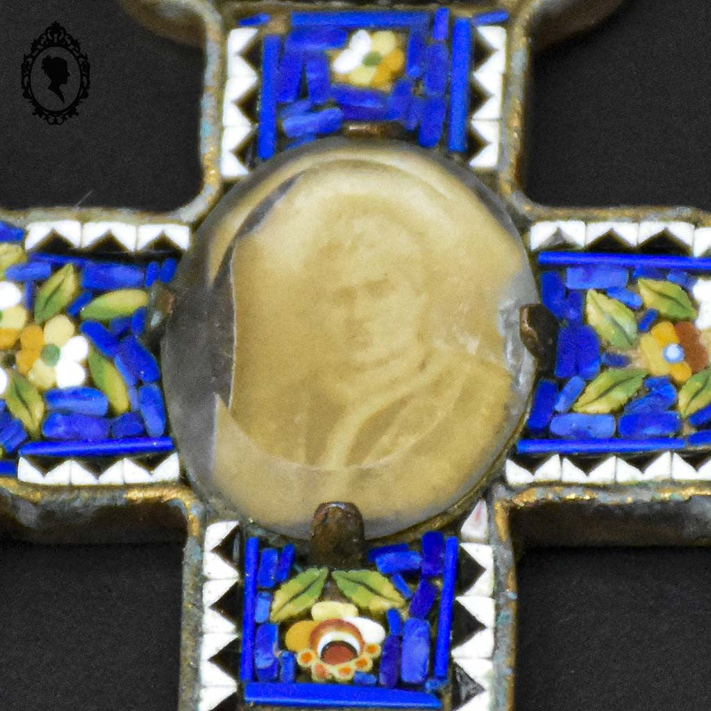 Croix en micro mosaïque de Roma Italienne photo verre H 10,5 cm ancienne