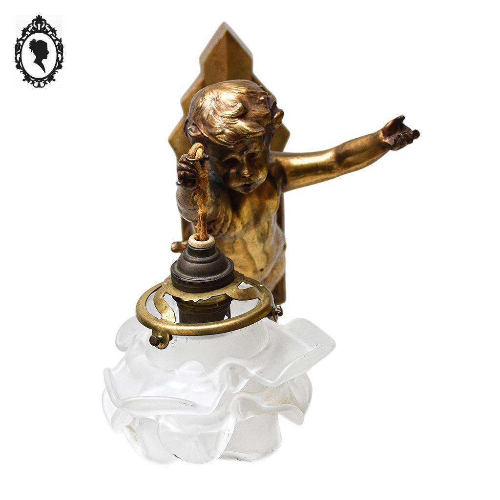 Deux appliques murales à 1 lampe ange chérubin bronze doré et pâte de verre Art déco
