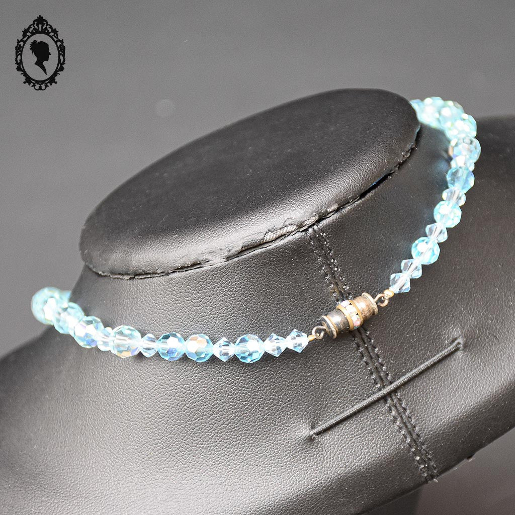 Élégant collier en cristal aurore boréale AB bleu en cascade bijou ancien vintage