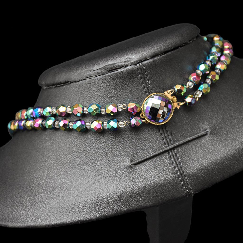 Élégant collier en cristal aurore boréale noir 2 rangs bijou ancien vintage