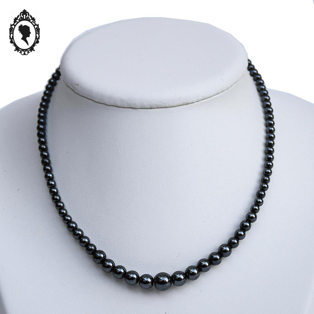 Élégant collier gris noir pierre hématite perles rondes cascade vintage
