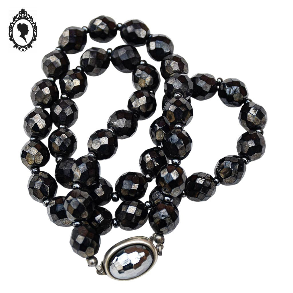 Élégant collier perle de verre facetté noir vintage ancien