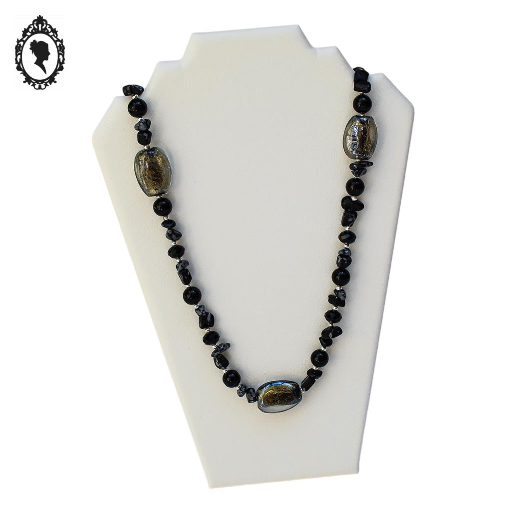 Élégant collier perles de verre Murano et pierre obsidienne noire et grise vintage