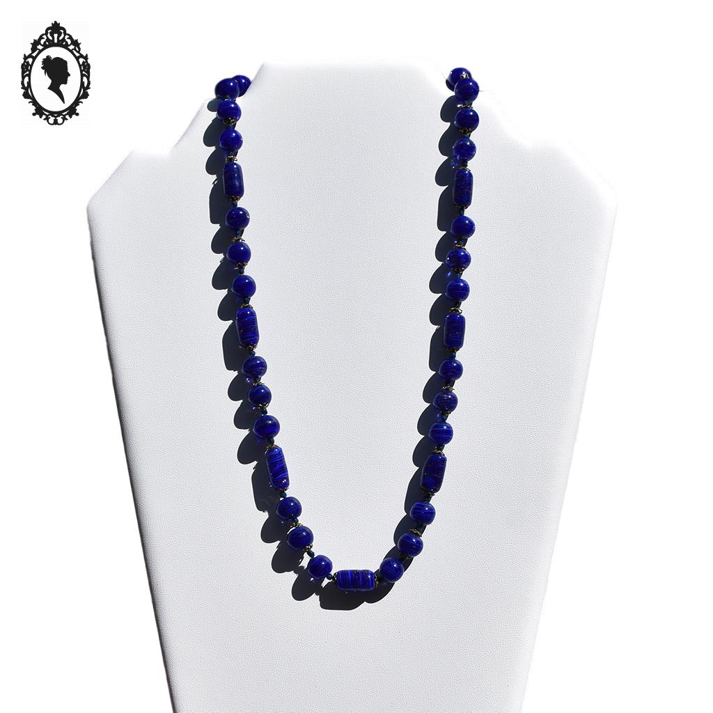 Élégant collier perles de verre vénitien Murano bleu cobalt vintage