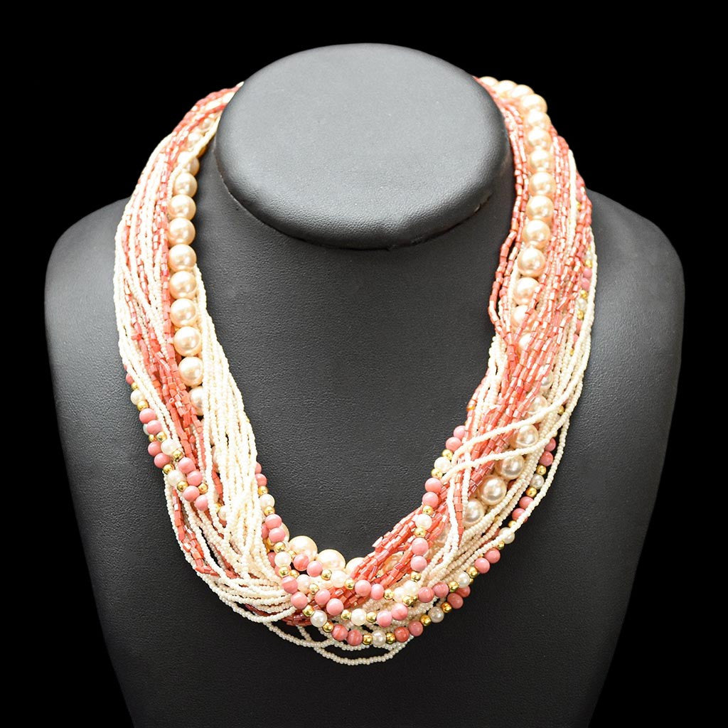 Élégant collier rose saumon beige multi rangs bijou fantaisie vintage