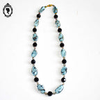 Élégant long collier perles de verre vénitien Murano bleu noir vintage ancien