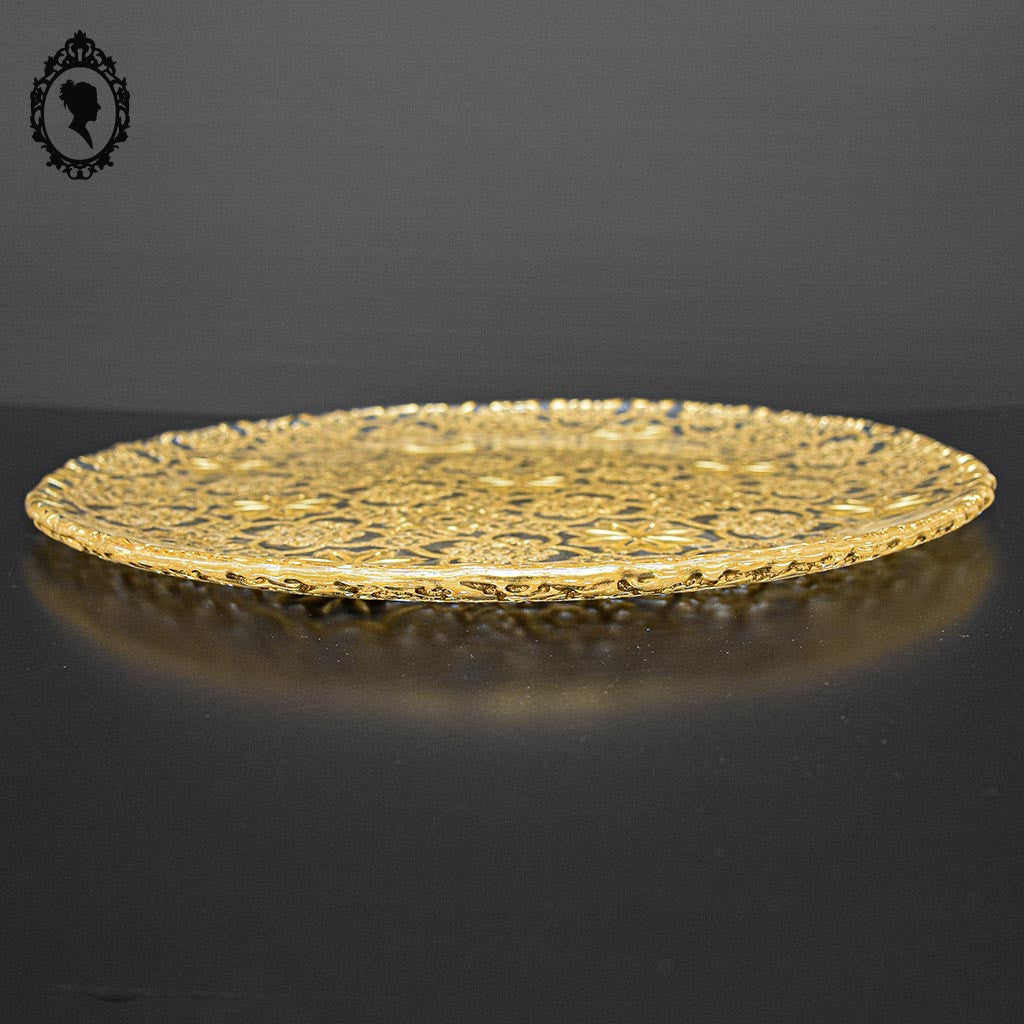 Élégant plat de présentation culinaire rond en verre arabesque or doré