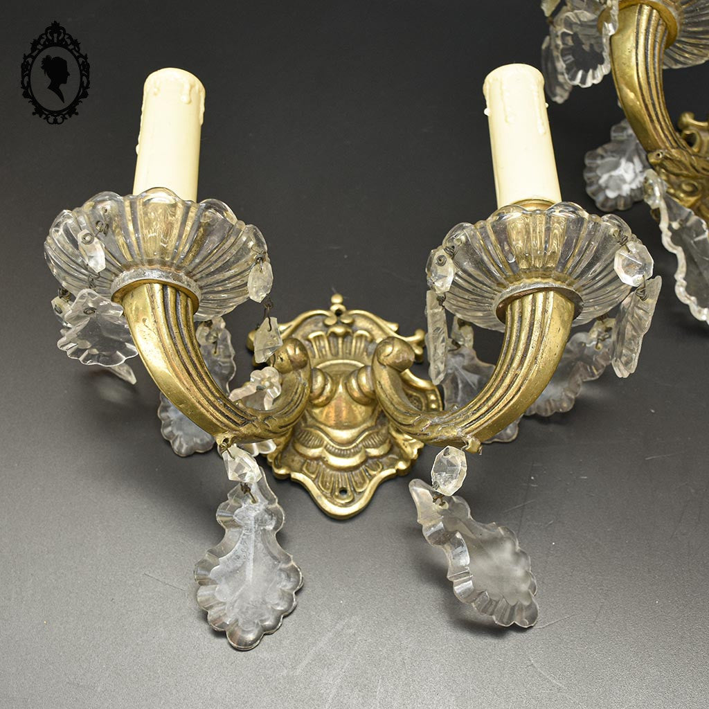 Elégante paire d’appliques en bronze doré pampilles baroque 2 lumières vintage