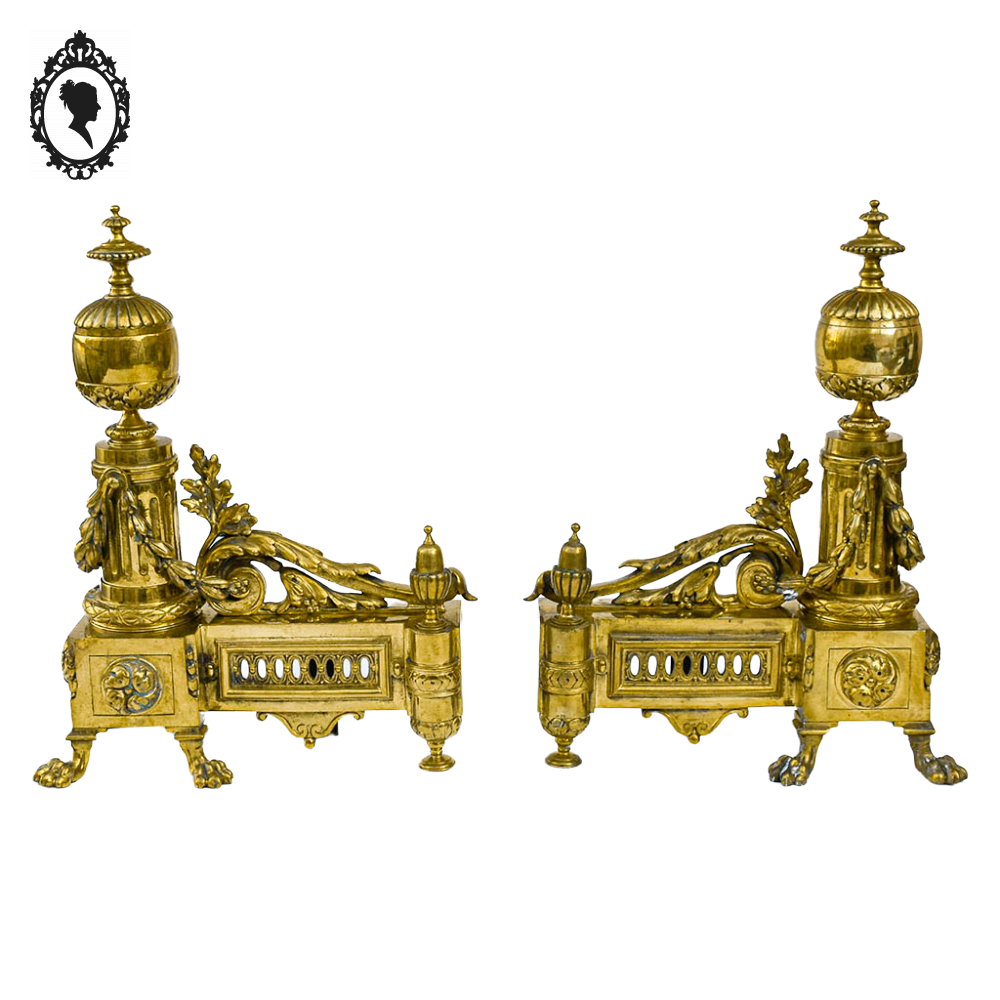Élégante paire de chenets bronze doré pattes de lion accessoire de cheminée ancien Napoléon 3 XIX ème
