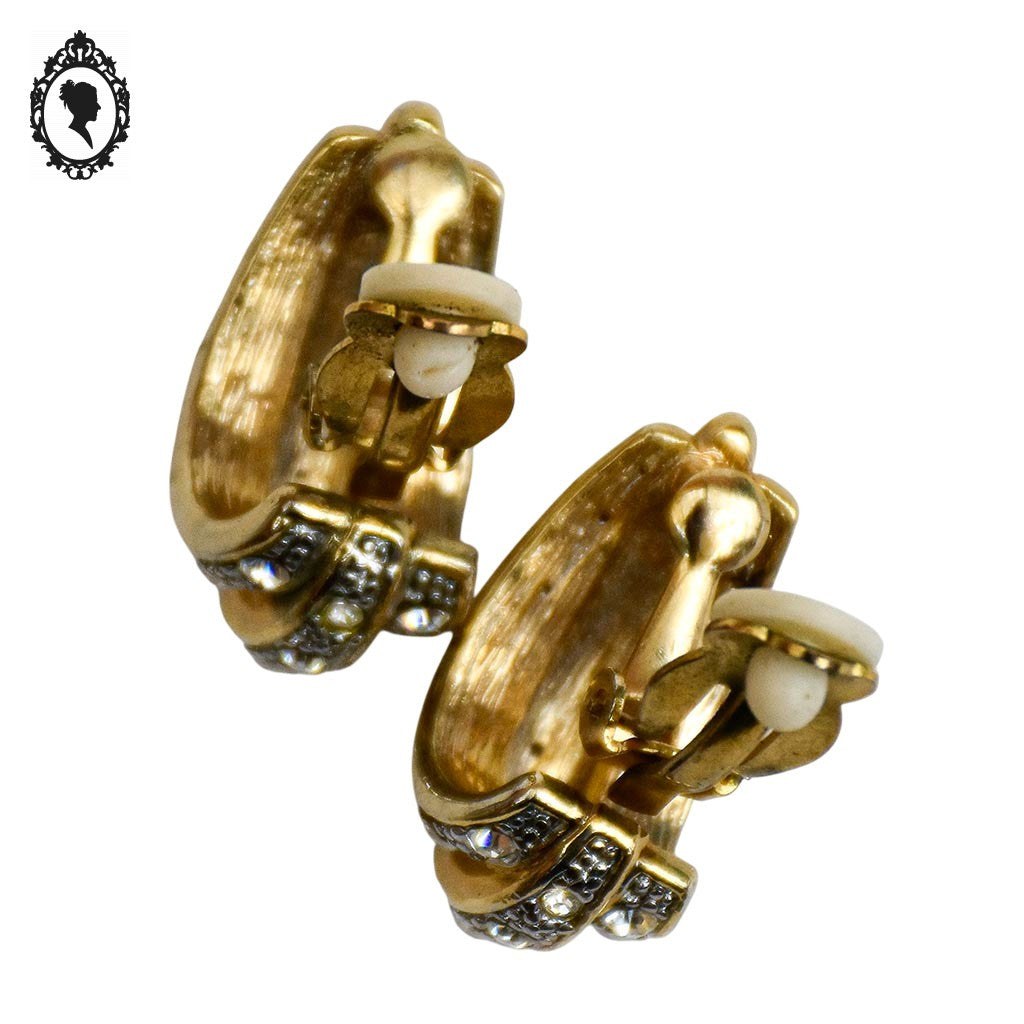 Élégantes boucles d’oreilles clips diamants strass blanc et dorées 3 rangs vintages