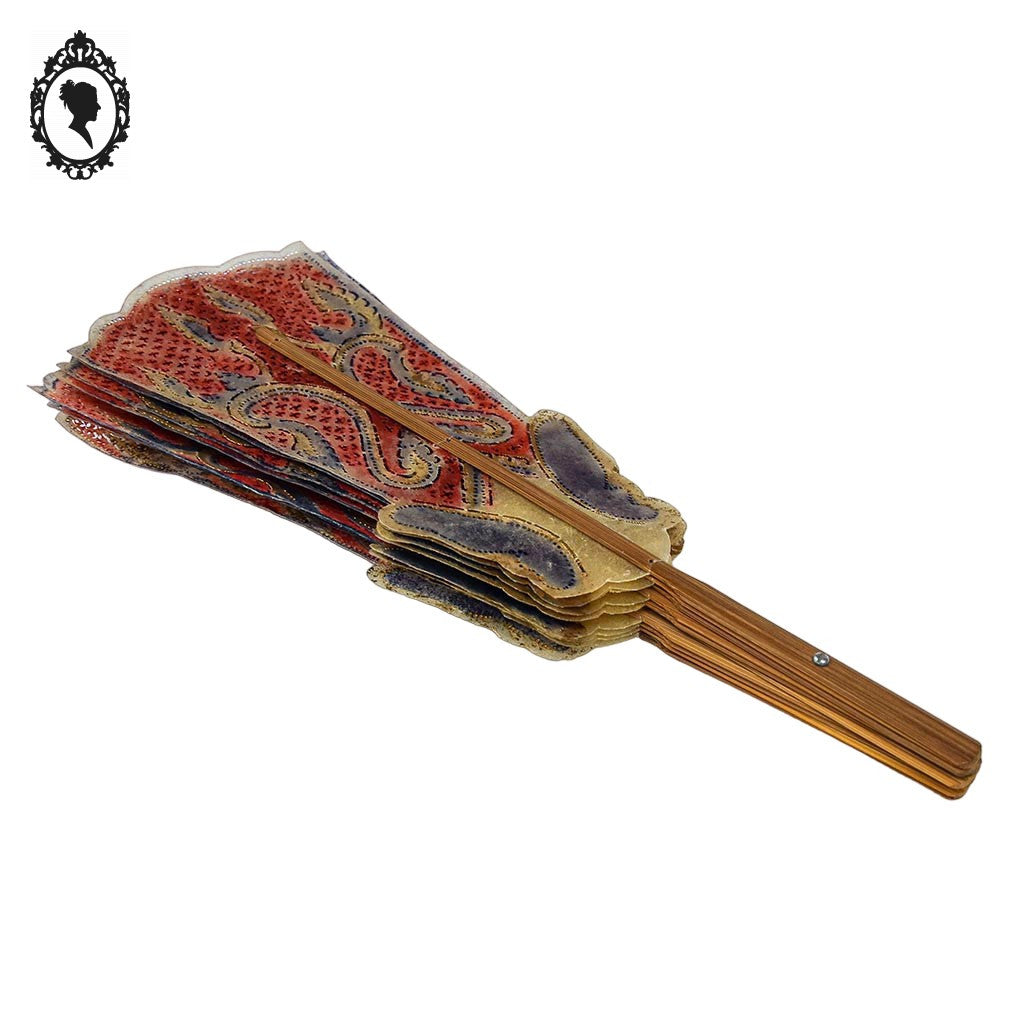Éventail en peau ajourée violet rouge bois bambou indonésien vintage