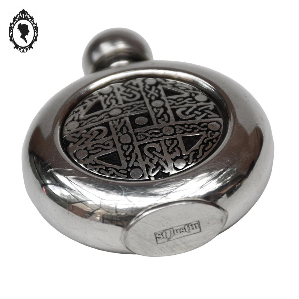Flacon miniature circulaire en métal flasque de hanche celtique alcool ou parfum St Justin