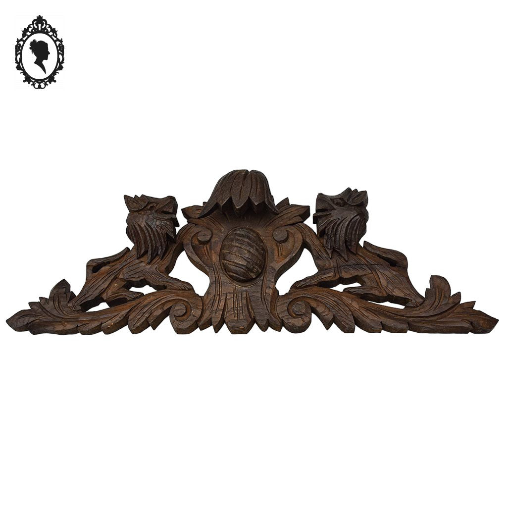 Fronton d’armoire, miroir ou meuble en bois sculpté Lion 58 x 20 cm ancien