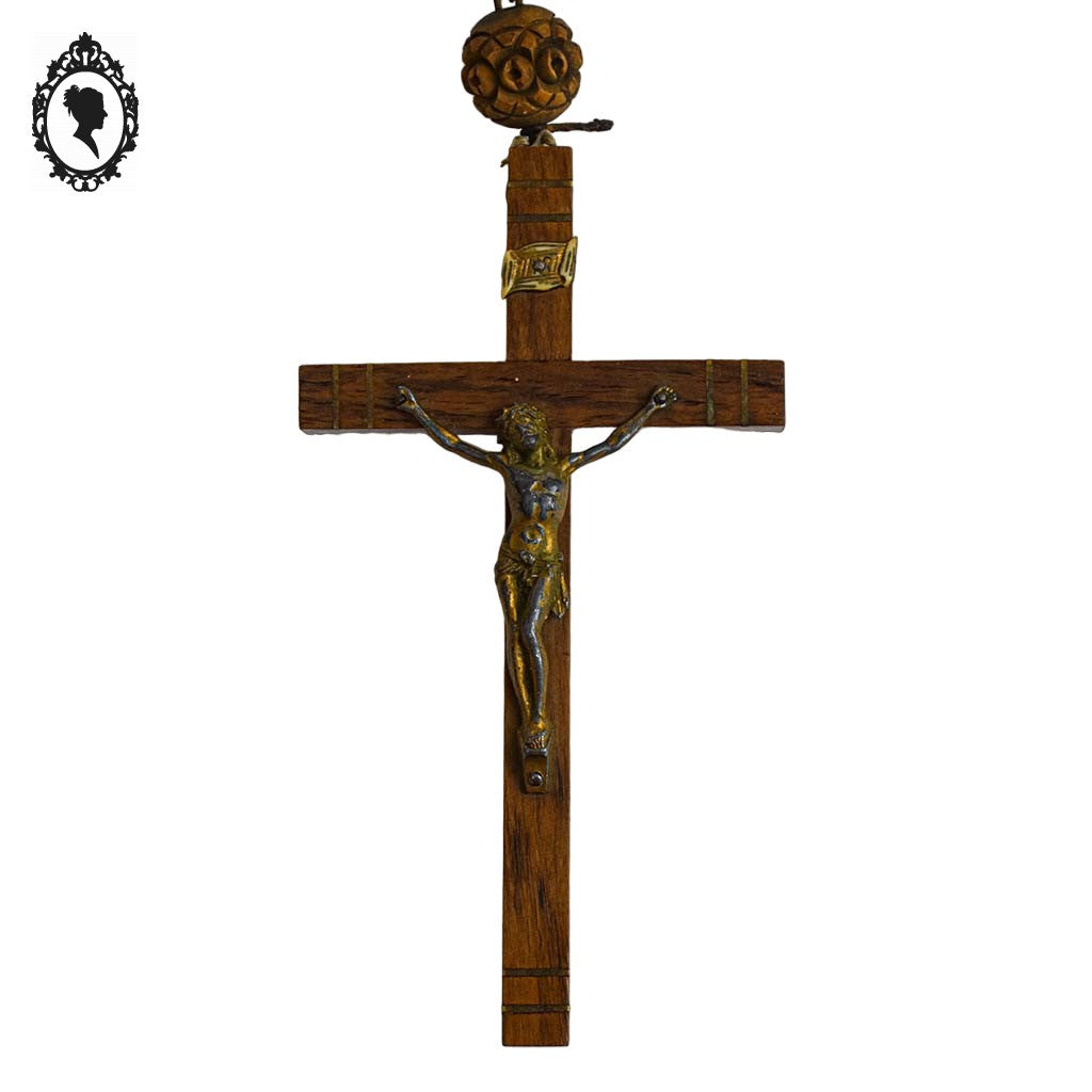Grand Chapelet Rosaire en bois brut objet religieux avec Christ en régule ancien