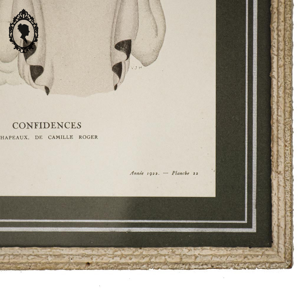 Gravure Art Déco Confidences Chapeau Camille Roger 1922 planche 22 Valentine J. Hugo