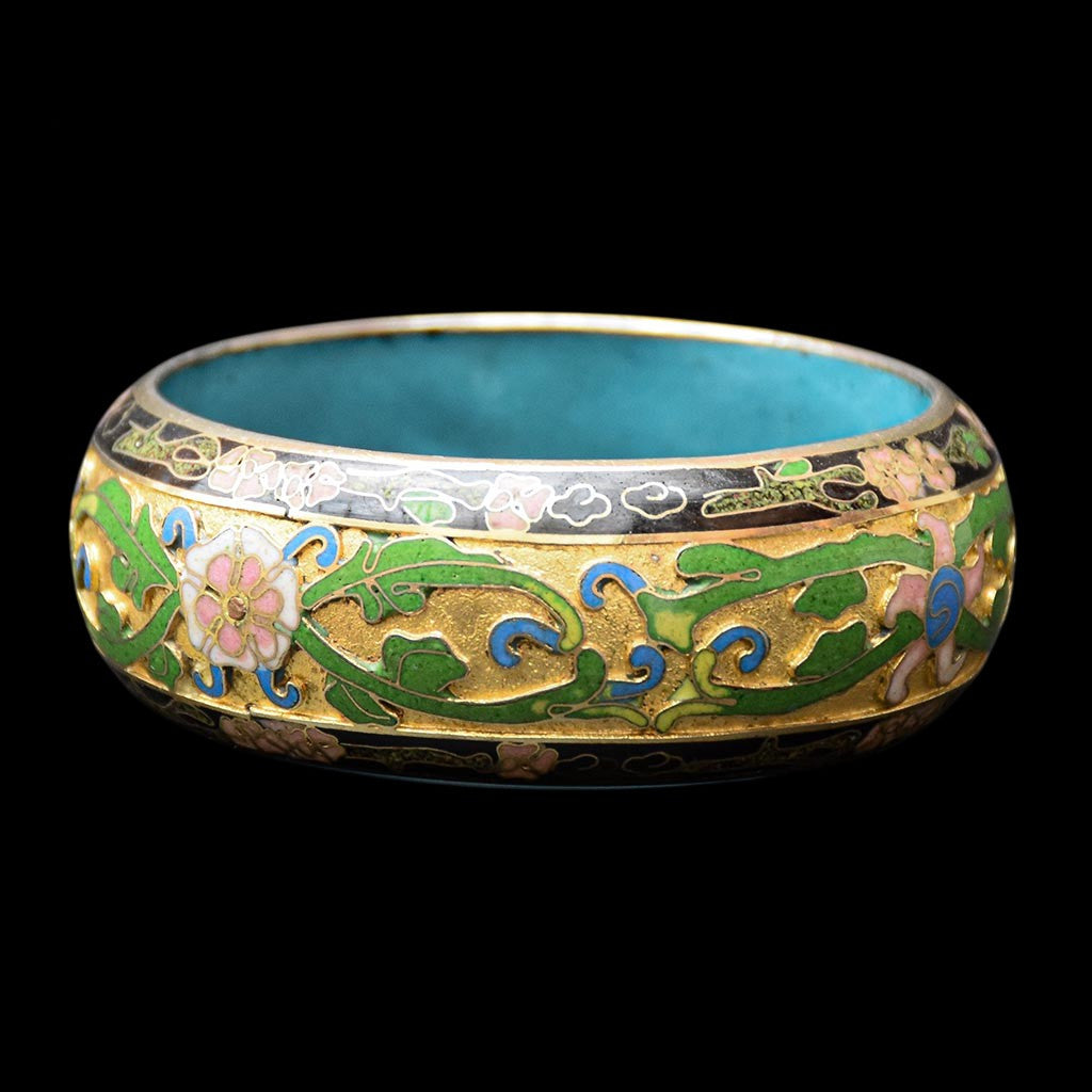 Gros bracelet jonc vert noir fleuri rigide émaux cloisonnés champlevés vintage