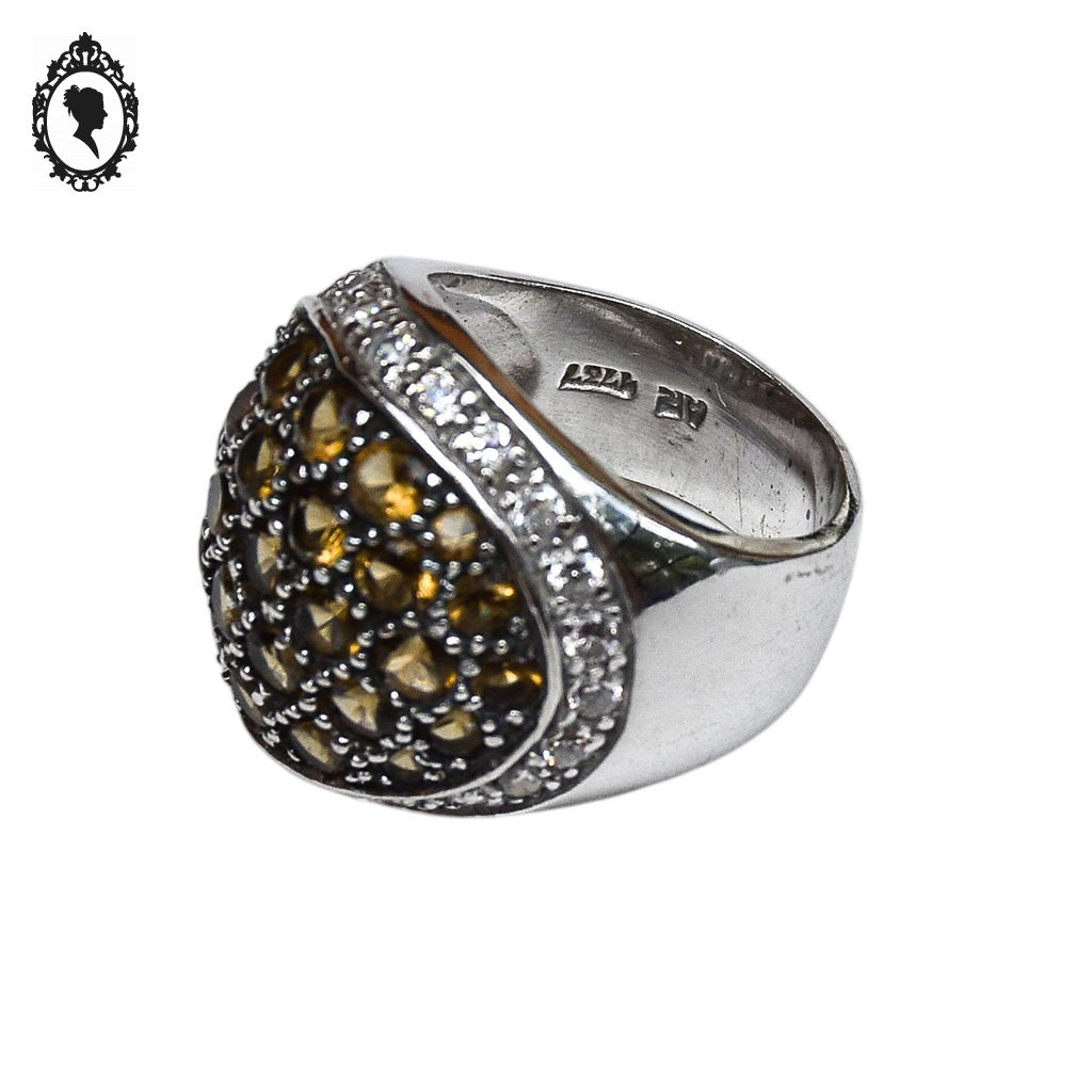 Grosse bague en argent et pierre strass beige style boule T 54