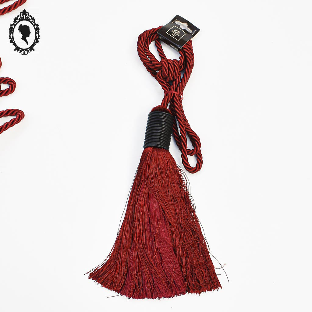 Grosse embrasse pompon gland de clé cordon rouge bordeaux passementerie pour rideau style Houles neuf