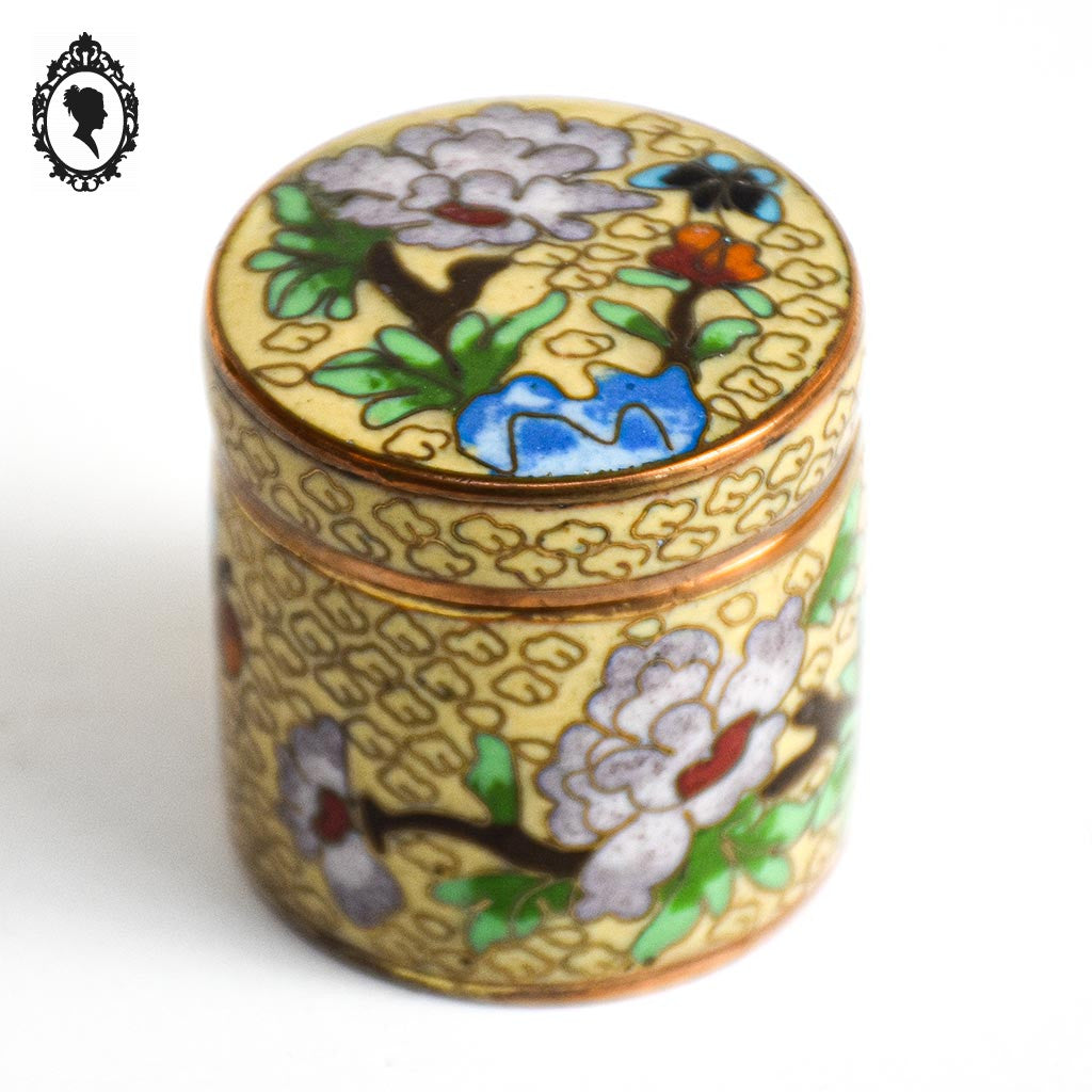 Jolie petite boite jaune vert ronde cylindrique en émail émaux cloisonnés vintage