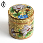 Jolie petite boite jaune vert ronde cylindrique en émail émaux cloisonnés vintage