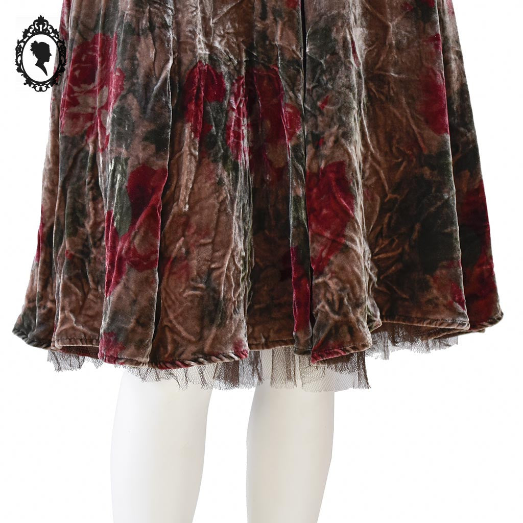 Jupe en velours marron beige fleuri rouge vert T 36 S vintage