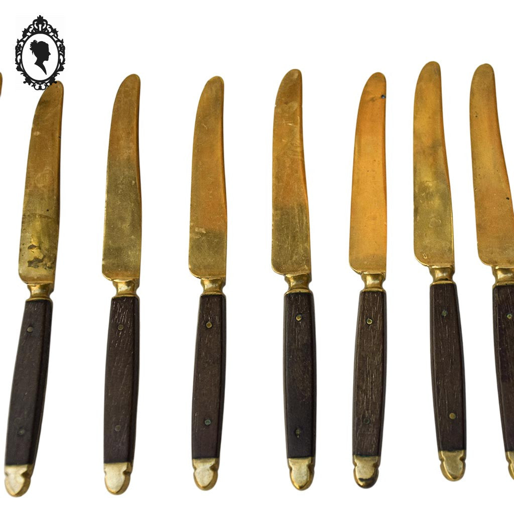 Lot 18 couverts à dessert couteaux et fourchettes laiton bois ancien vintage