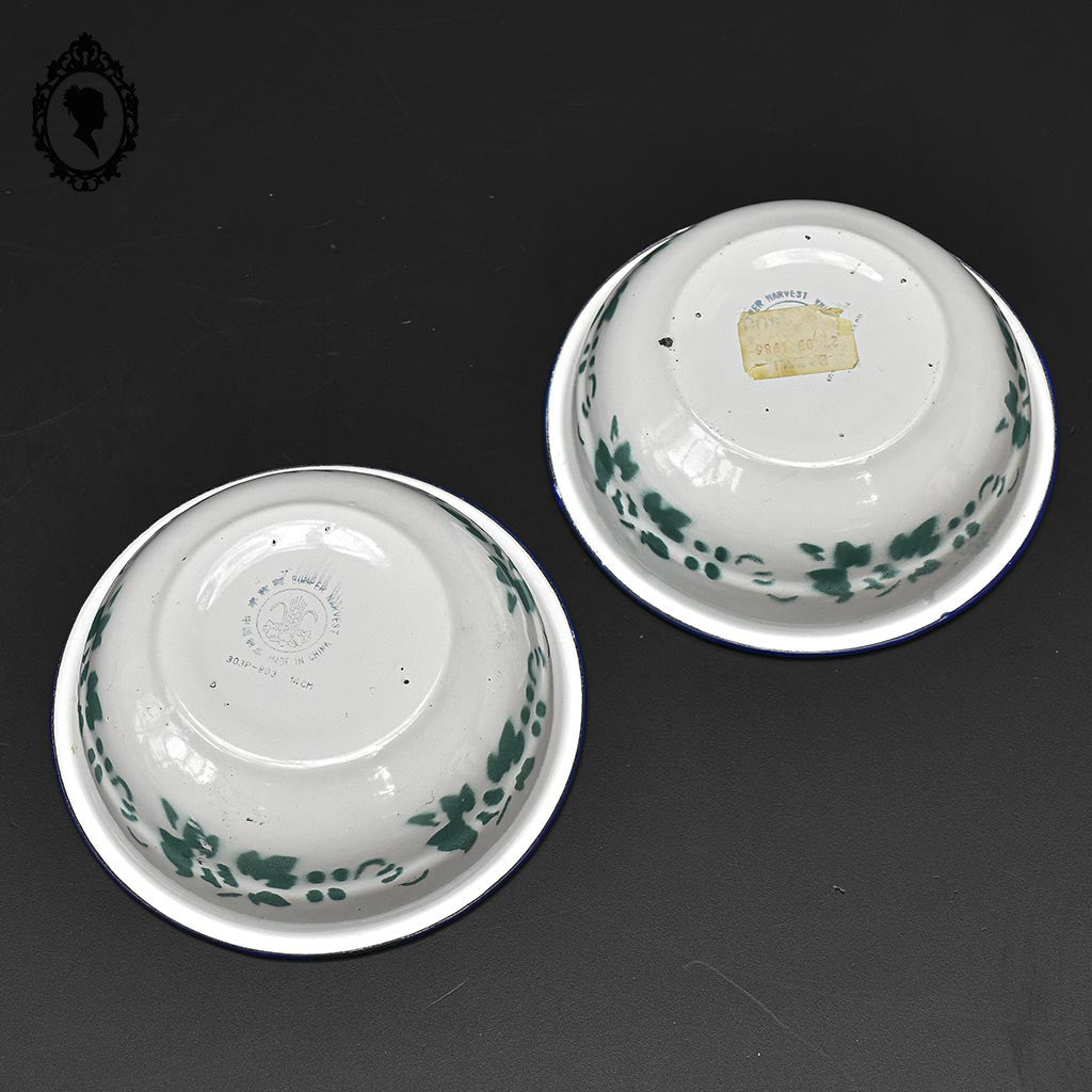 Lot 2 bols calottes rond fleuri en tôle fer émaillé vintage rétro D 14 cm