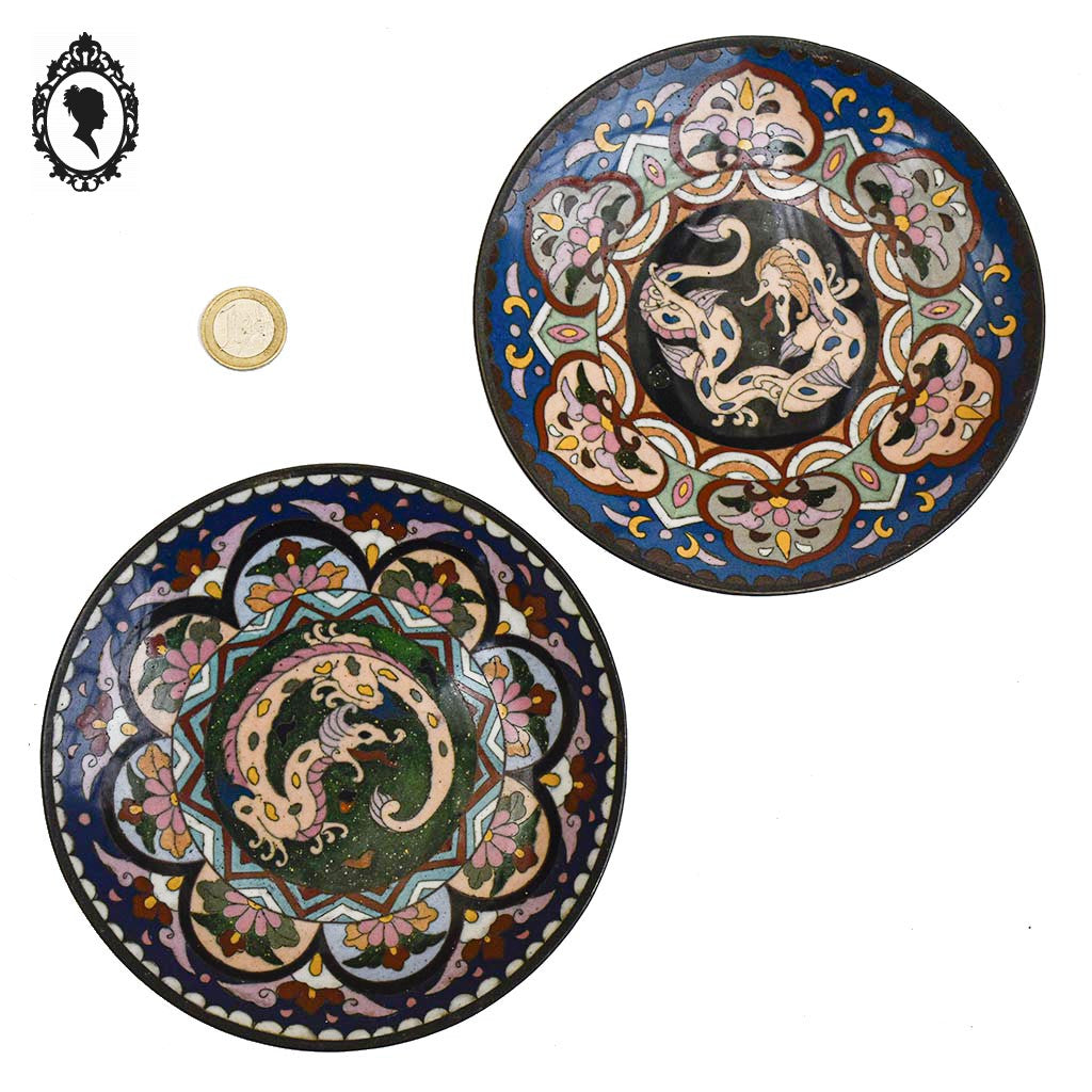 Lot 2 petites assiettes asiatiques émaux cloisonnés dragon vintage 1950