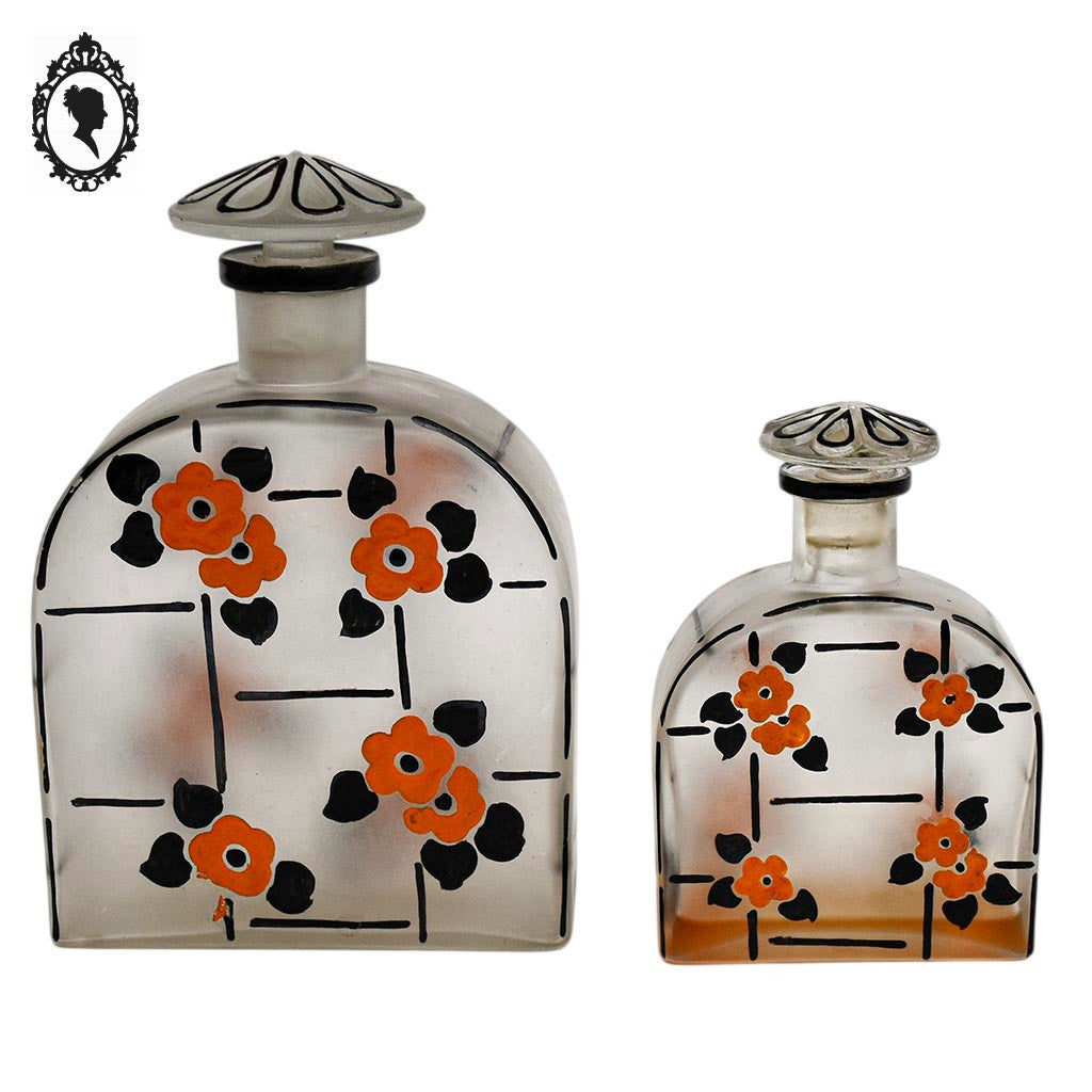 Lot 2 superbes anciens flacons parfum verre émaillé signé époque art déco