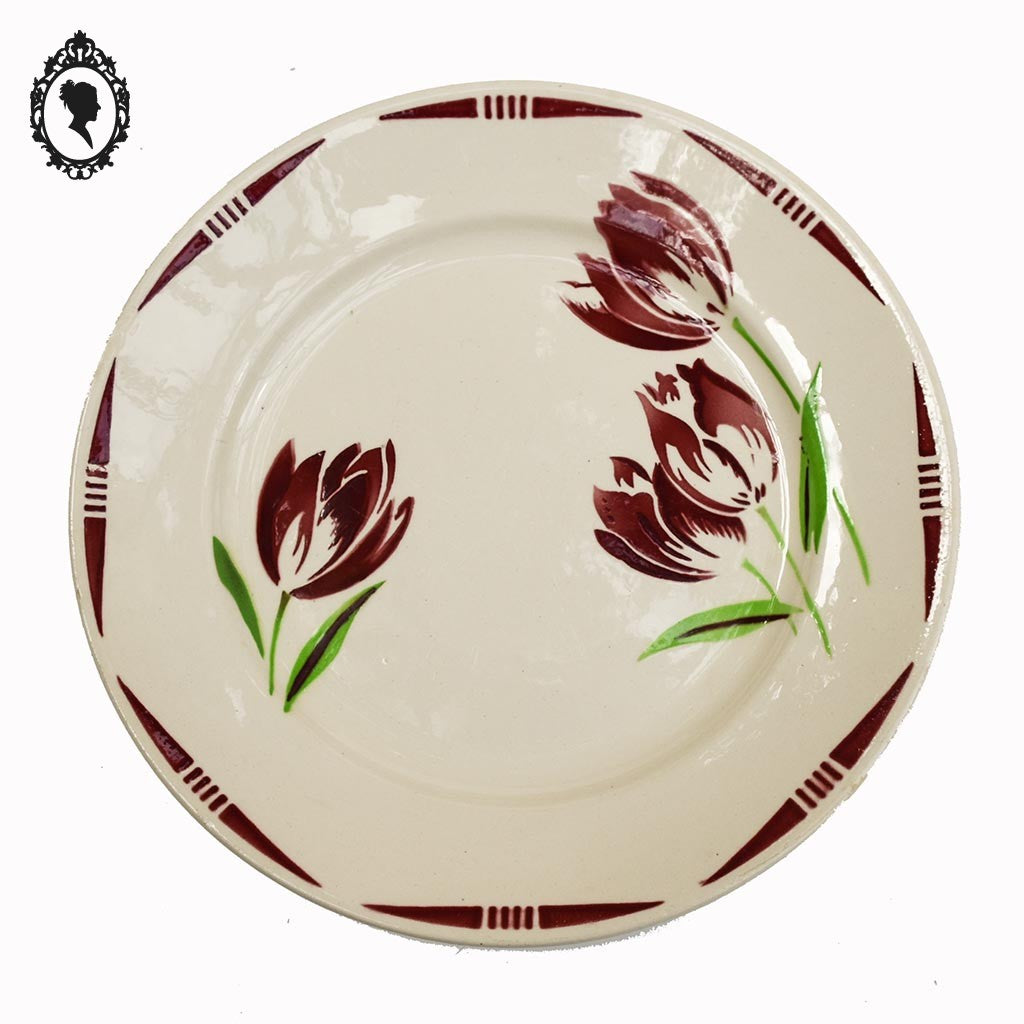 Lot 22 assiettes plates et creuses fleur tulipe rouge vert Badonviller vintage