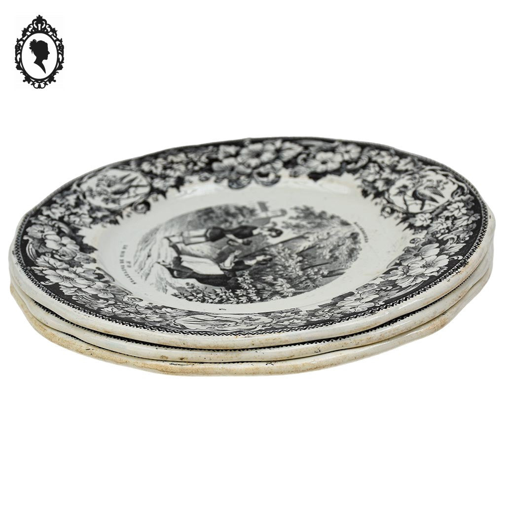 Lot 3 assiettes à dessert blanc et noir en porcelaine anciennes Macédoines Creil et Montereau