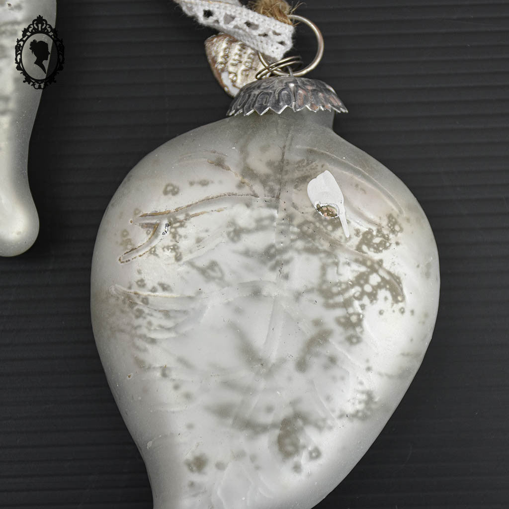 Lot de 3 boules de noël feuille en verre argent blanc mercurisé shabby chic