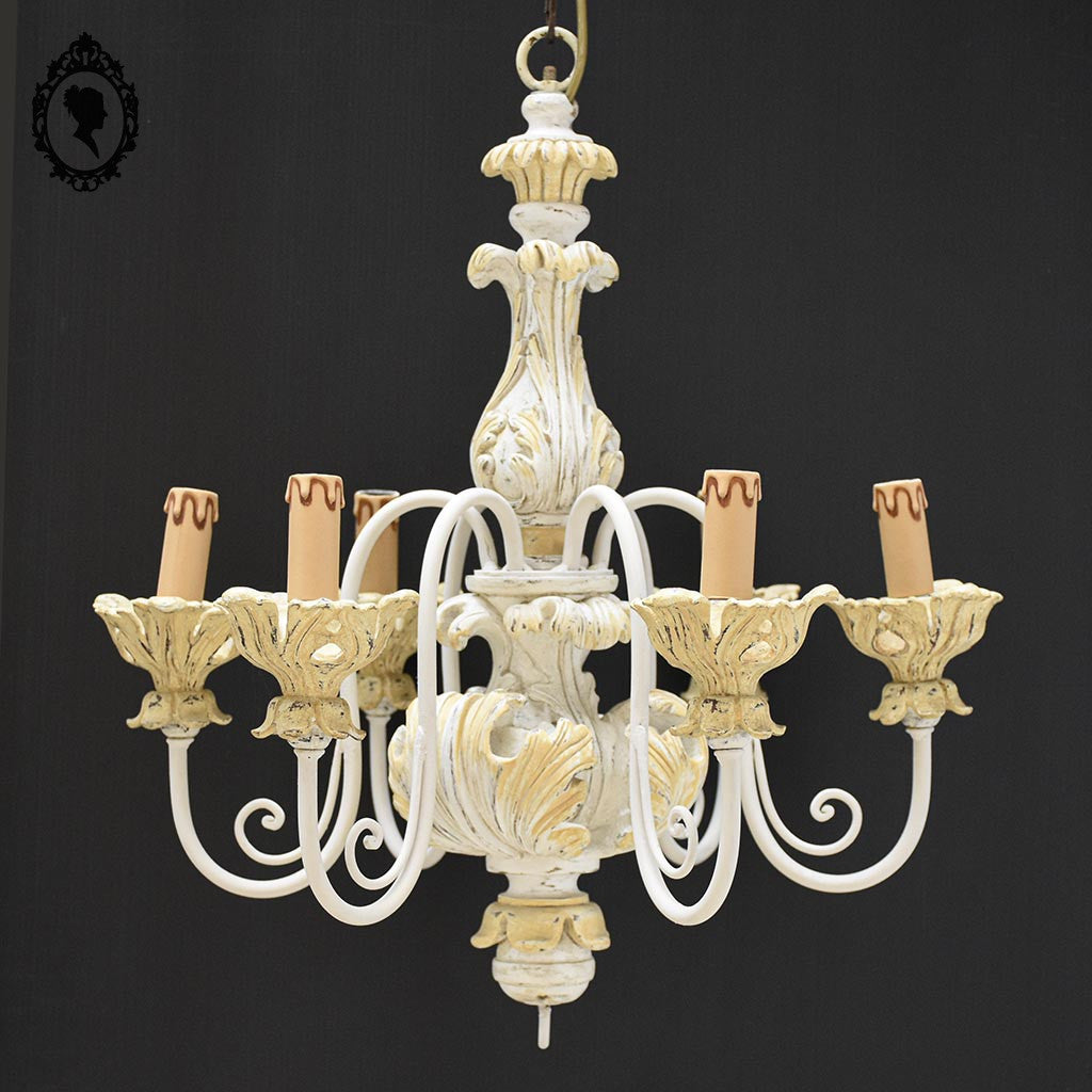 Lustre en bois 6 feux branches fer beige jaune clair vintage