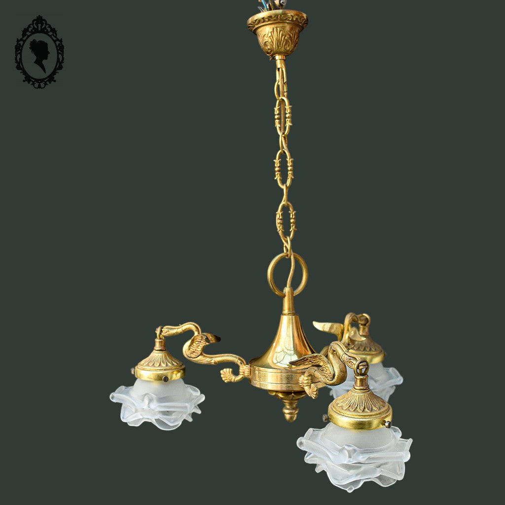 Lustre plafonnier bronze chimères 3 lumières 3 roses pâte de verre blanc doré ancien