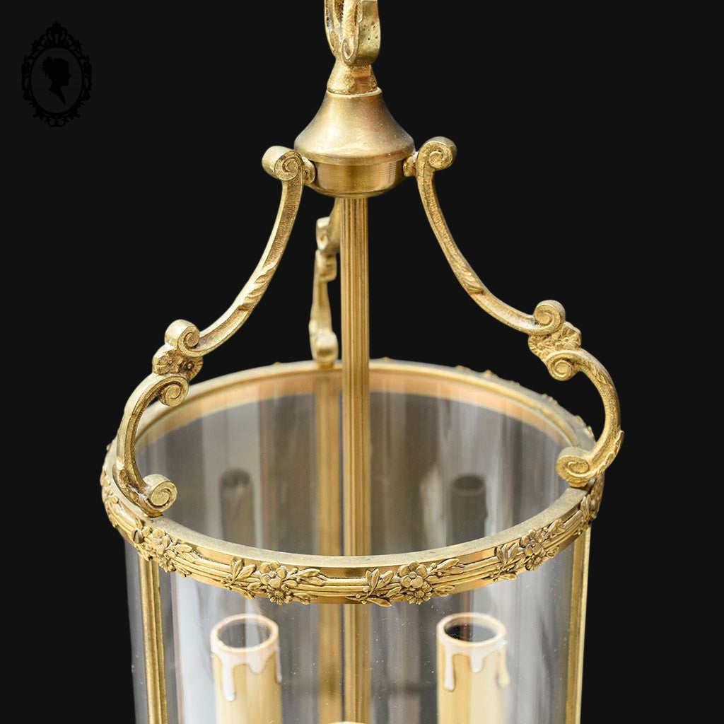 Lustre plafonnier rond lanterne cage 3 lumières verre laiton doré vintage