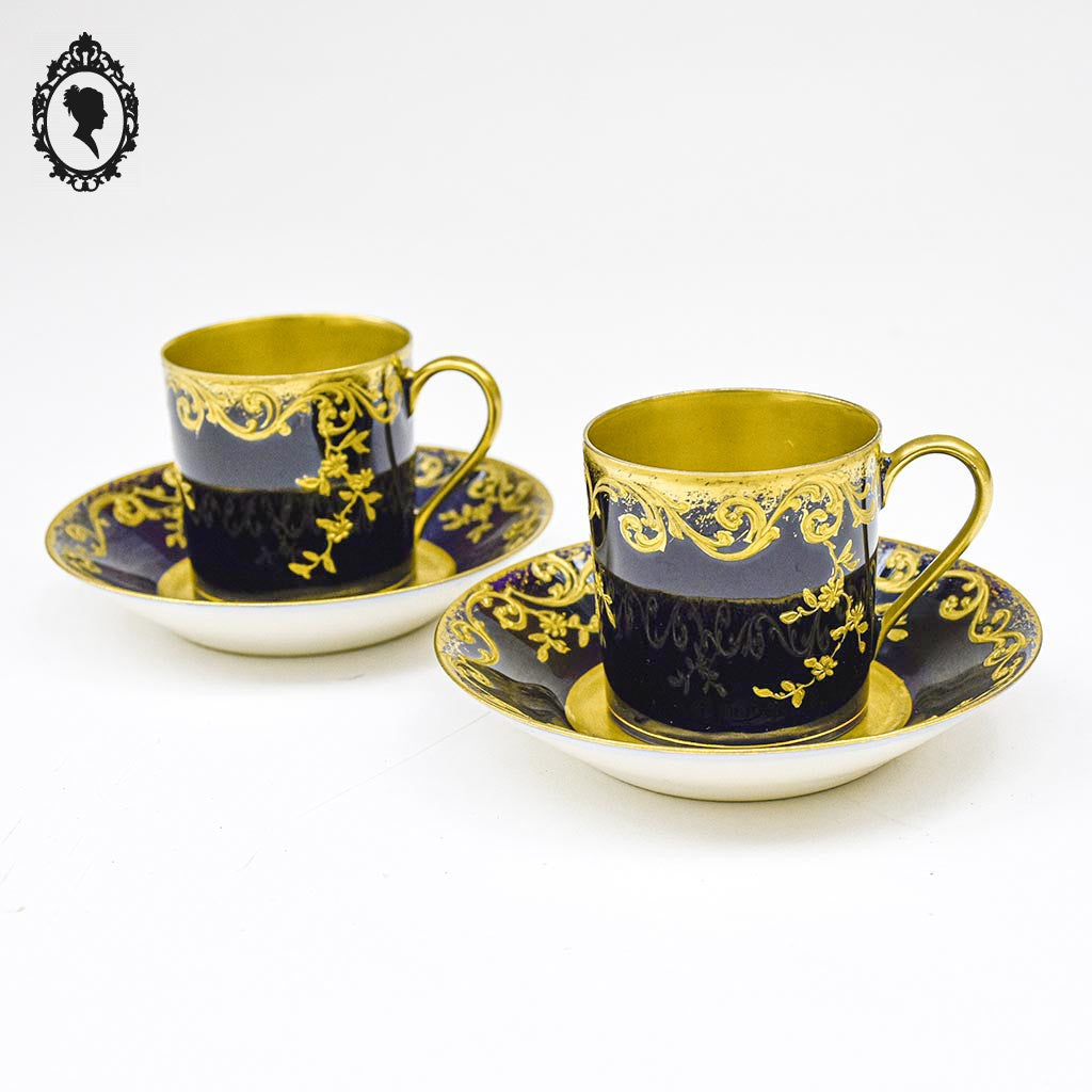 Magnifiques 2 Tasses et sous tasses porcelaine bleu cobalt Bac Limoges France