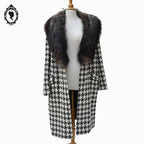 Manteau long femme laine pied-de-poule noir blanc col véritable fourrure T 52 54 vintage
