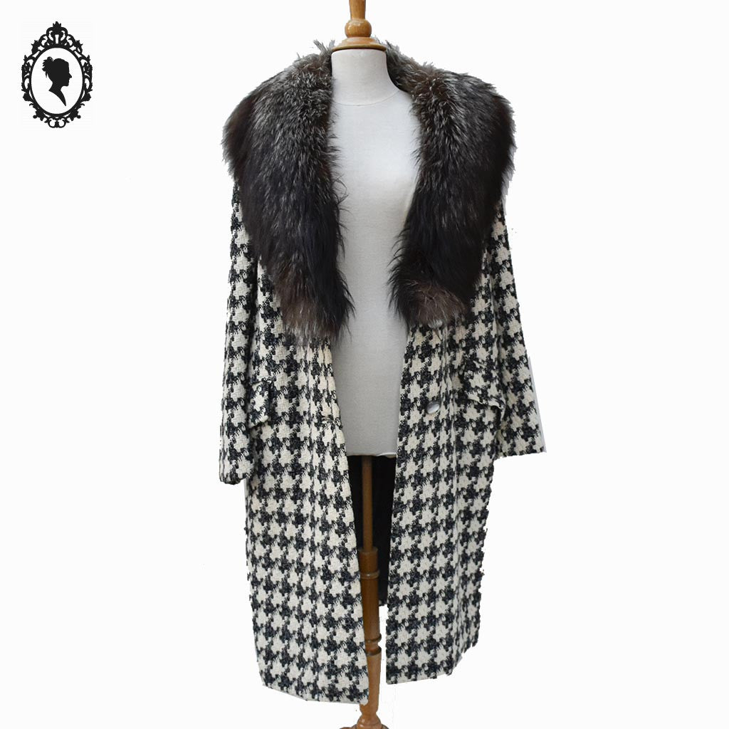 Manteau long femme laine pied-de-poule noir blanc col véritable fourrure T 52 54 vintage