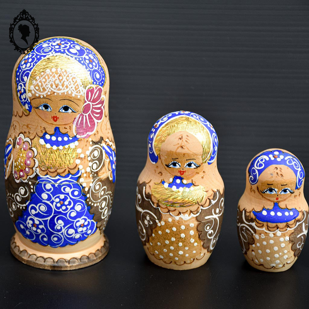 Matriochkas 5 poupées Russes gigognes bois naturel bleu doré